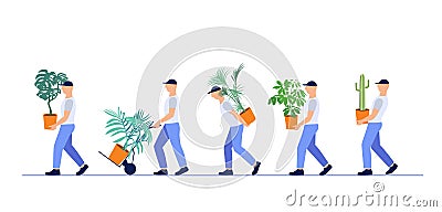 Vector illustration team of loaders deliver houseplants. Concept fast delivery goods. Isolated white background. Loader profession Vector Illustration